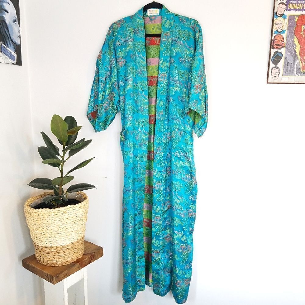 Vintage Satin Brocade Turquoise Embroidered Dressing Robe Lounge Wear Kimono L